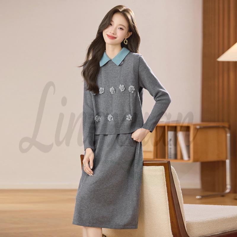 Women s High-End Lapel Knit Vest Dress: 2026 Autumn/Winter Stylish Age-Reducing Sweater Two-Piece Set 2XL серый