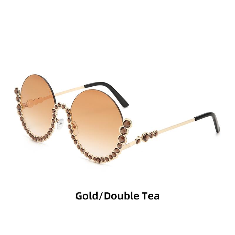 

Small Half Frame Round Sunglasses Women Men Diamond Inlay Metal Glasses Travel Sun Glasses Lady Man UV400 Protective Glasses