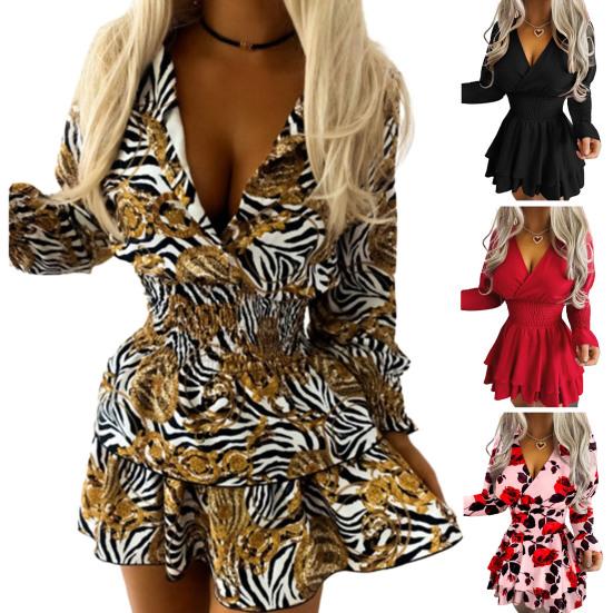 Dámské večerní šaty hluboký výstřih do V přiléhavý vysoký pas volán lem jednobarevný dlouhý rukáv elastický pas měkké dámské minišaty