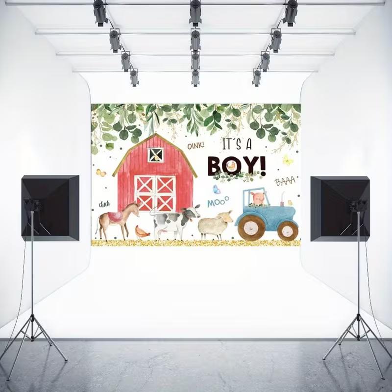 2D Red Barn Farm Backdrop It's A Boy Baby Shower Photography Background