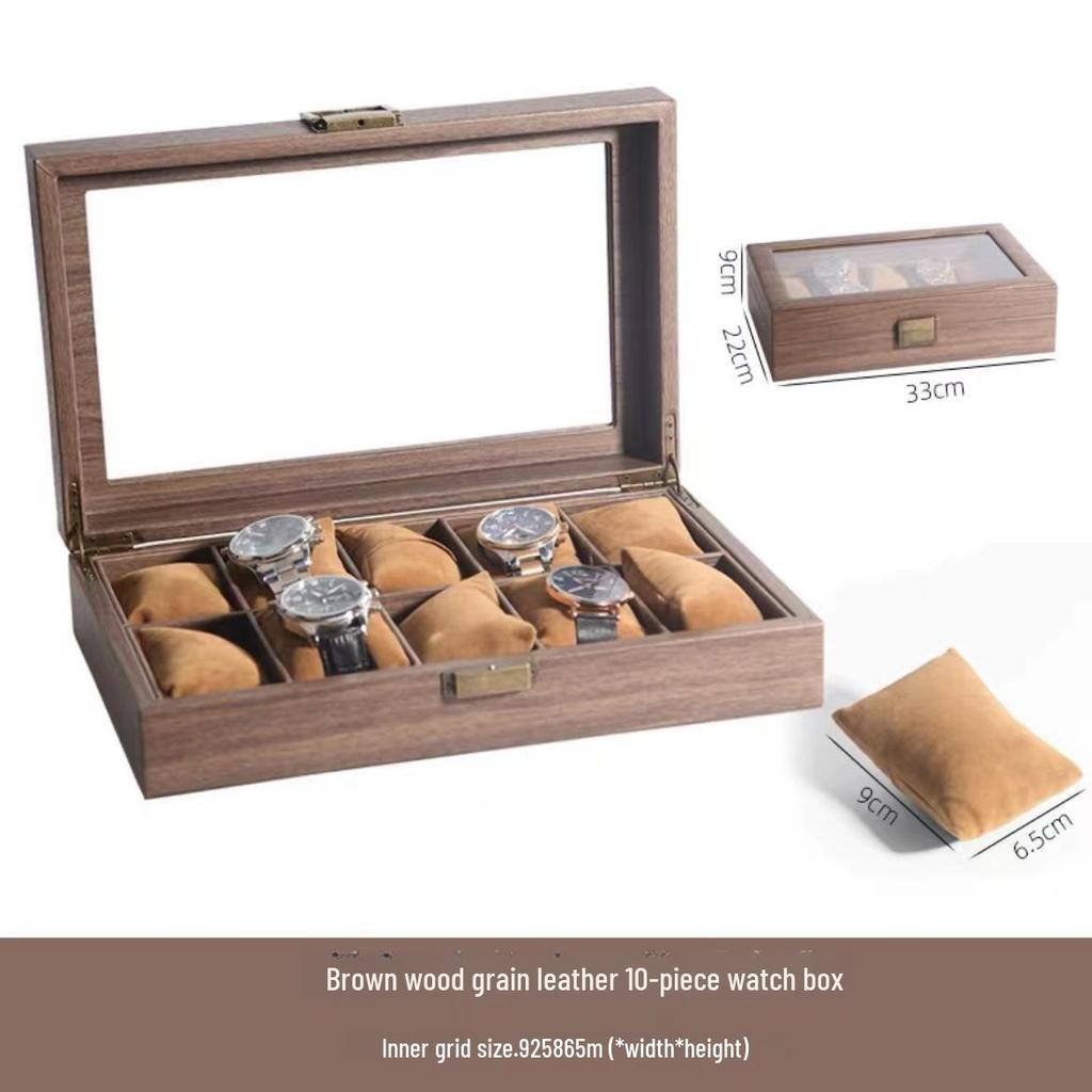 Dustproof Wood Grain Leather Jewelry Watch Box with Glass Display Top