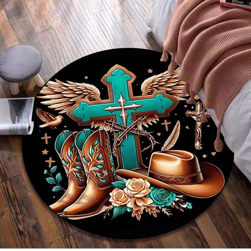 

1Pc Cowgirl Boots Hat Circular Print Rug - home decoration Carpet For Living Room Bedroom Flooring Computer Chair Area Rug 80x80cm( 31x31in)