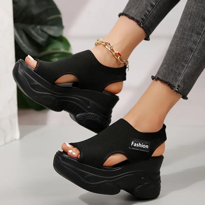 Women's Solid Color Casual Sandals, Platform Elastic Soft Sole Knitted Walking Shoes, Heightening Wedge Vacation Shoes