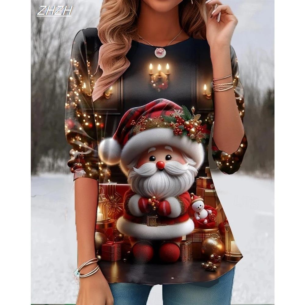 Spring and Autumn Round Neck Santa Claus Pattern 3D Printed Top Fashionable Casual Long Sleeved Women's T-shirts