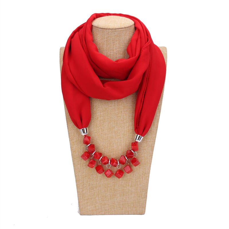 Bold Red Chiffon Scarf Necklace with Cubic Beads – Fashionable Infinity Scarf for Women, Statement Jewelry Accessory