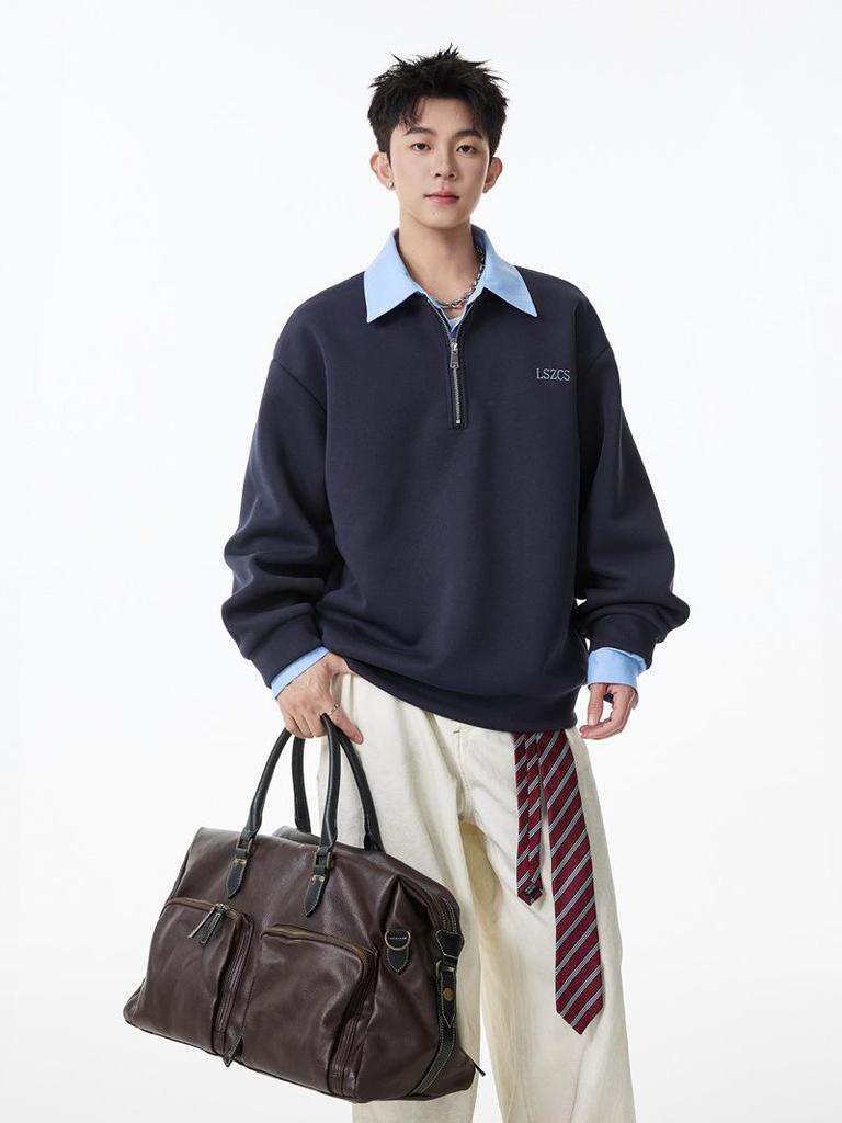 Unisex Heavyweight Faux Two-Piece Half-Zip Polo Sweatshirt, Autumn College Style, Lapel, Pullover, Loose Casual Top, Trendy.