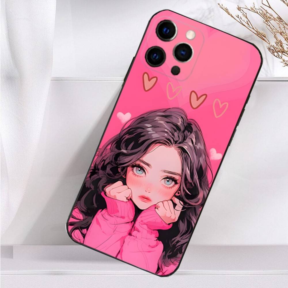 Beauty Girl Cartoon Pink  Case For iPhone 16,15,17,14,13,12,11 Plus,Pro Max,XS,X,XR,SE,Mini,8,7 Soft Silicone Black Cover