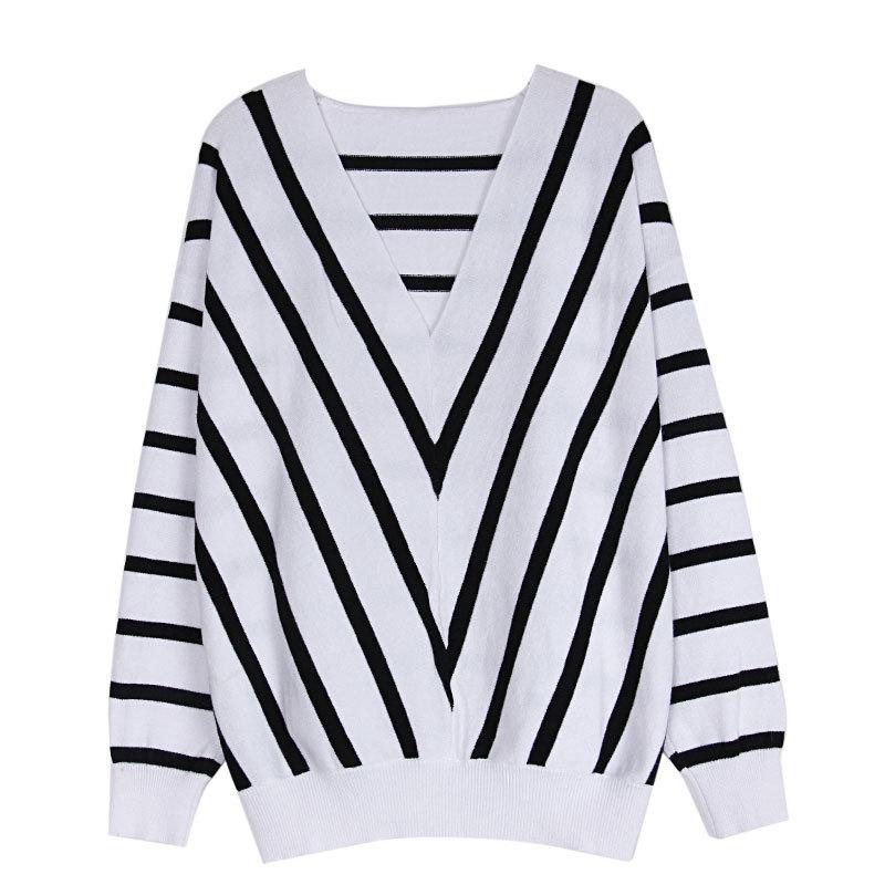 Damen Herbst/Winter Lockerer Basic Gestreifter V-Ausschnitt Pullover
