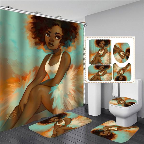 4PCS Full Set Bathroom Curtain Set Elegant African Black Woman Shower Curtain Hooks Modern Bath Mat Toilet Lid Cover Anti-slip Bath Mats