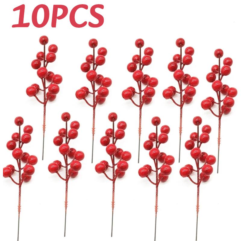 10PC Christmas Artificial Berries Branches Decor Xmas Red Berry Flowers Bouquet DIY Holiday Wreath Craft Home Party Ornament
