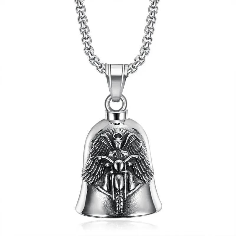 Retro Punk Angel Wings Motorcycle Lucky Bell Necklace Men's Motorcycle Rock Trend Cool Jewelry