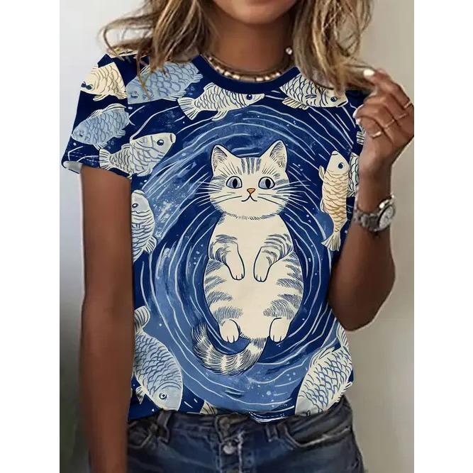 Summer Round Neck 3D Animal Print Top Fashionable Casual Short Sleeved Women's T-shirts