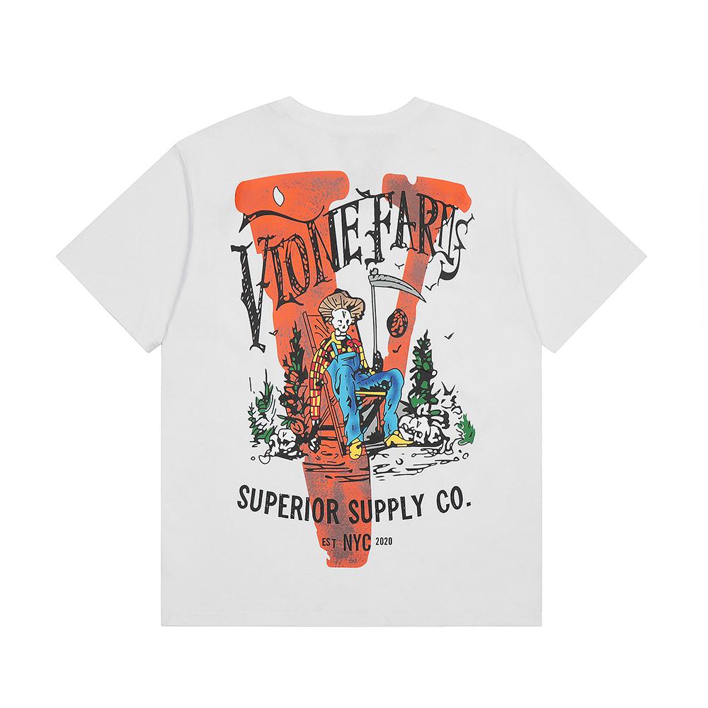 VLONE Summer Men's and Women's Orange Big V Skeleton Farmer Cotton T-shirt Unisex