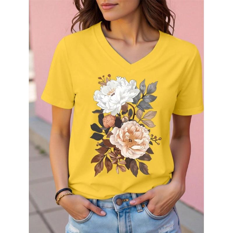Womens V-Neck Short Sleeve T-Shirt With Leopard Print 3D Effect Colorful Ink Loose Fit Casual Office Wear