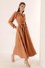 Linen Effect Long Dress with Belted Waist and Side Pockets