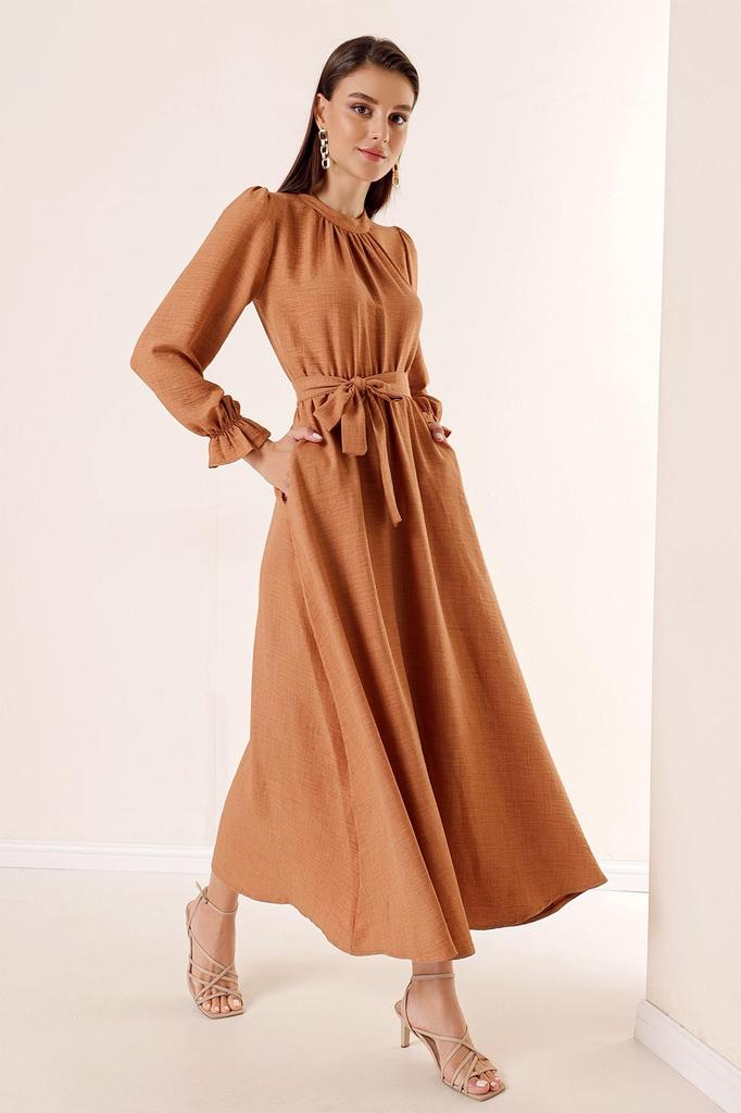 Linen Effect Long Dress with Belted Waist and Side Pockets