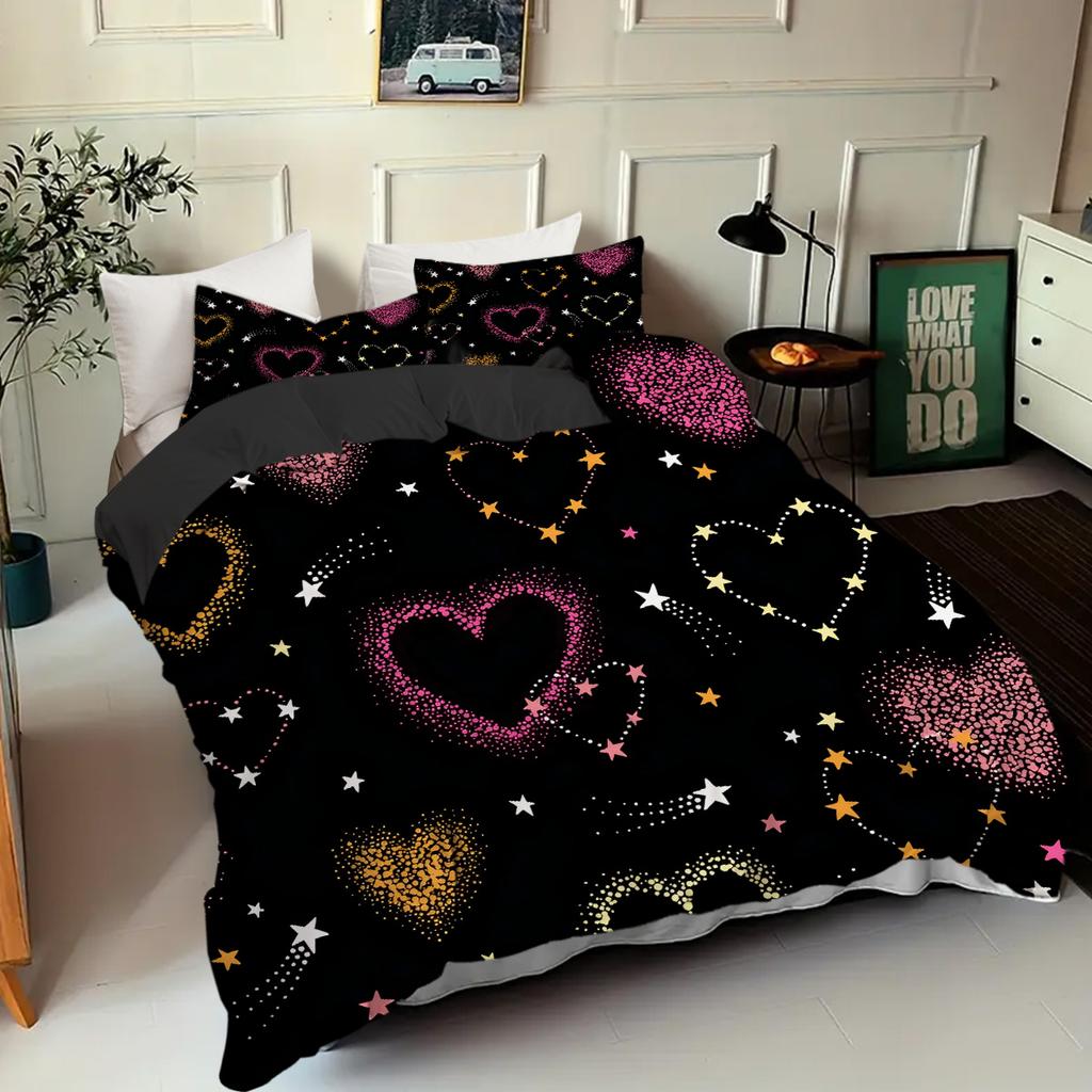 Colored Heart Shape Pattern 3D Printed Duvet Cover Black Style Abstract Art Luxury Quilt Cover Set Soft Comfortable Bedding Set