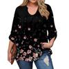 Women's Plus Size Fashion Printed Casual Pleated Round Neck Long Sleeve Top