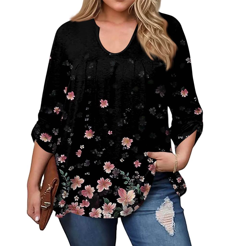 Women's Plus Size Fashion Printed Casual Pleated Round Neck Long Sleeve Top