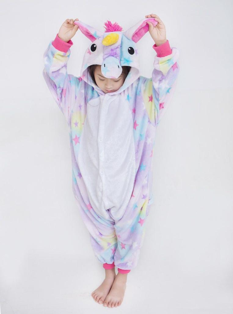Fluffy Flannel Unicorn Hooded Pajamas Jumpsuit For Kids Winter