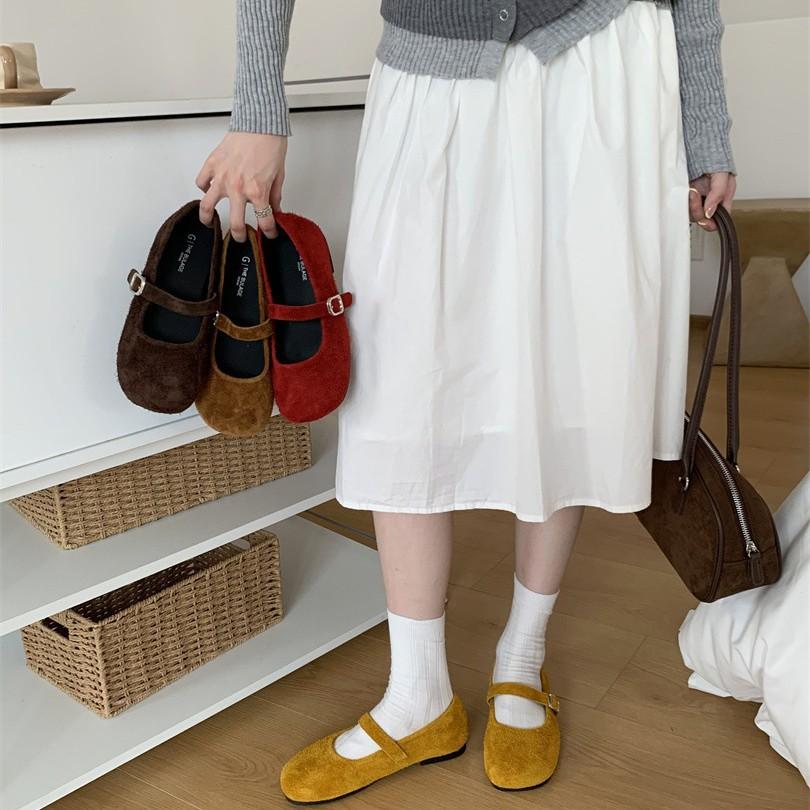 Xiaoxiangfeng cowhide fur shoes women's 2025 new autumn and winter retro round head flat-bottomed versatile soft-soled Mary Jane cotton shoes