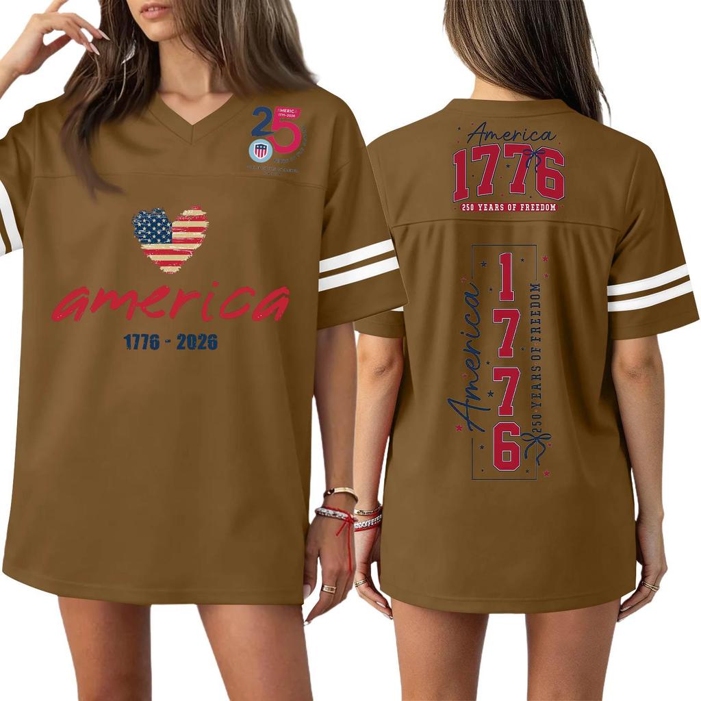 Damska Codzienna Modna Koszulka Sportowa z Dekoltem V z Nadrukiem na Dzień Niepodległości Krótkim Rękawem Top