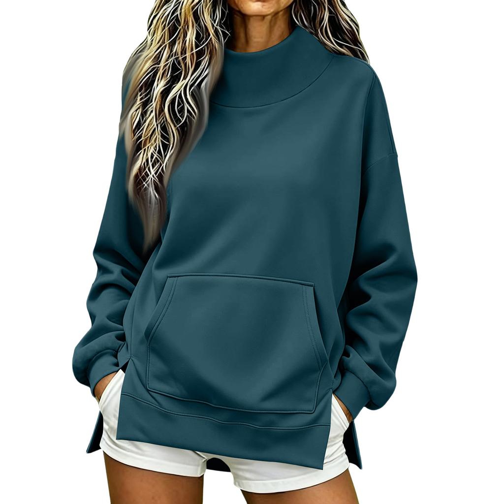 Women's High Neck Side Slit Sweatshirt Lightweight Loose Fit Long Sleeve Pullover for Fall