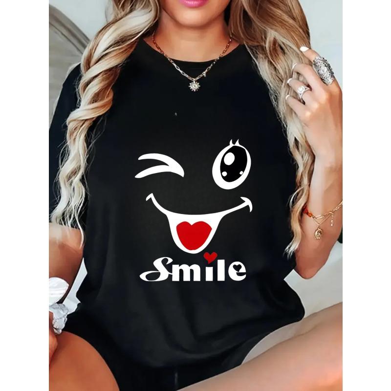 Black Oversized T Shirt With Winking Face And Smile Text For Casual Wear