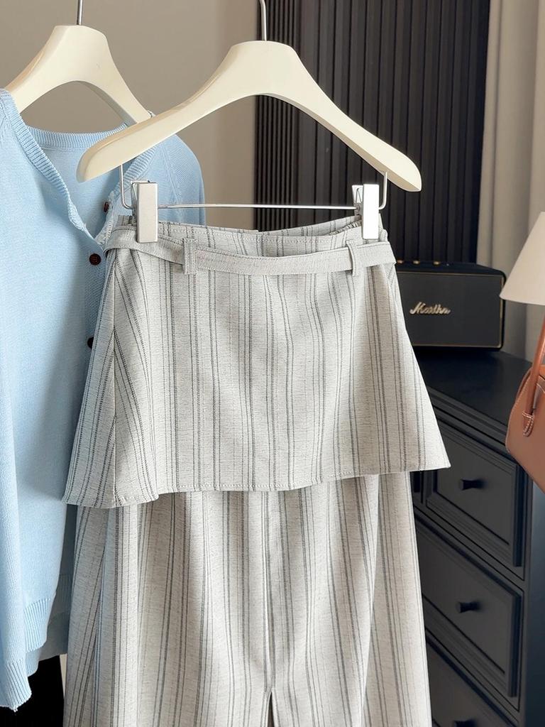 High-Waisted Striped Half-Skirt Suit for Women - New Spring/Summer Slim Fit with Back Flap, Mid-Length.