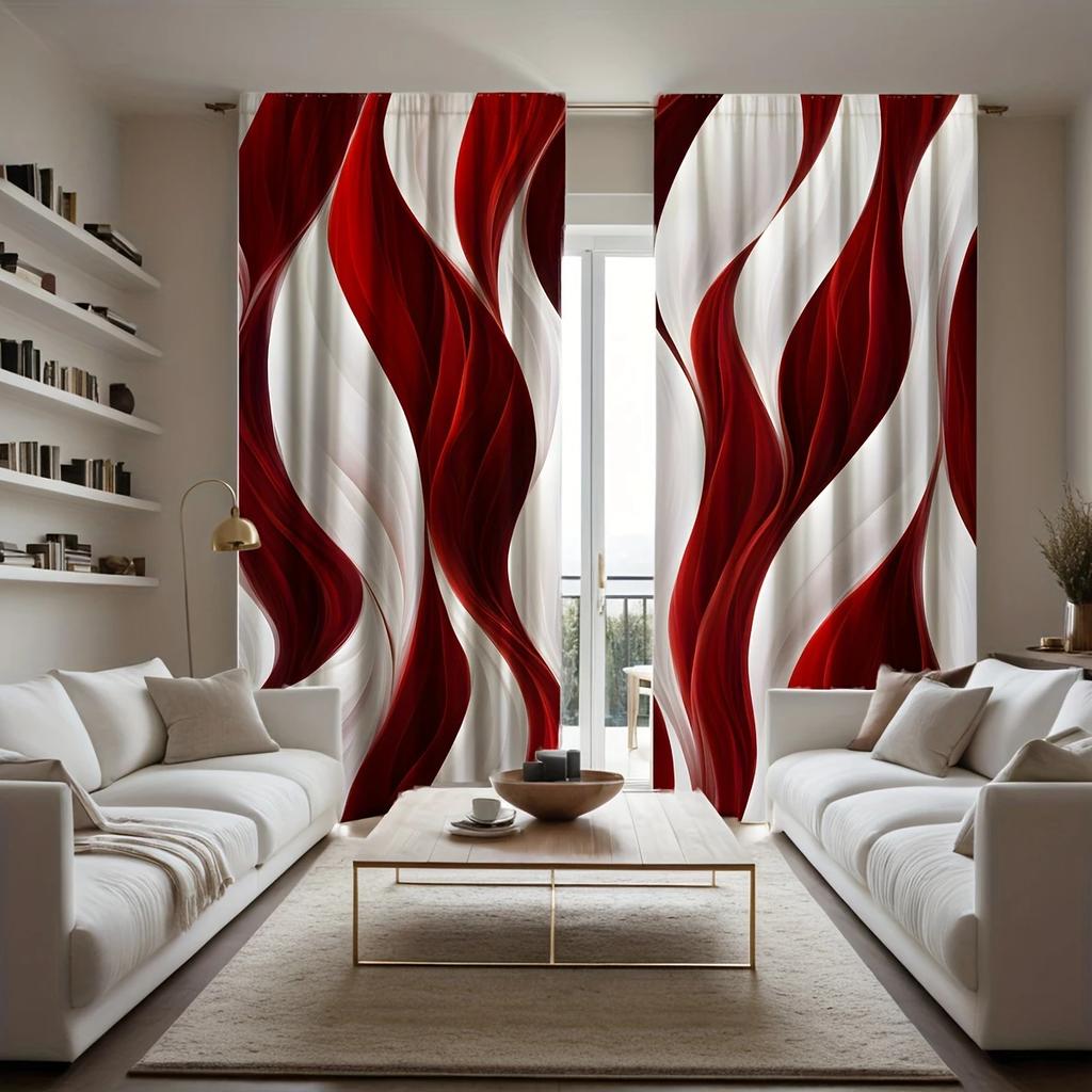 Elegant Red and White Abstract Wave-printed Curtains, Pole Bag Curtains, Home Decoration, Room Decoration