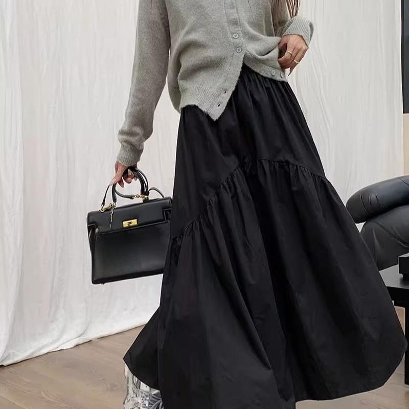 Spring New Elastic High Waist Fashion Loose Long Skirts Women Pleated Patchwork Summer A-line Skirt Female Elegant Temperament Simple Lady Skirt 26290