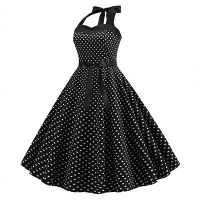 Women Midi Dress Halter Neck Lace Up Tight High Waist Bow Decor Sleeveless A-line Loose Hem Dot Print Retro 50s 60s Lady Backles