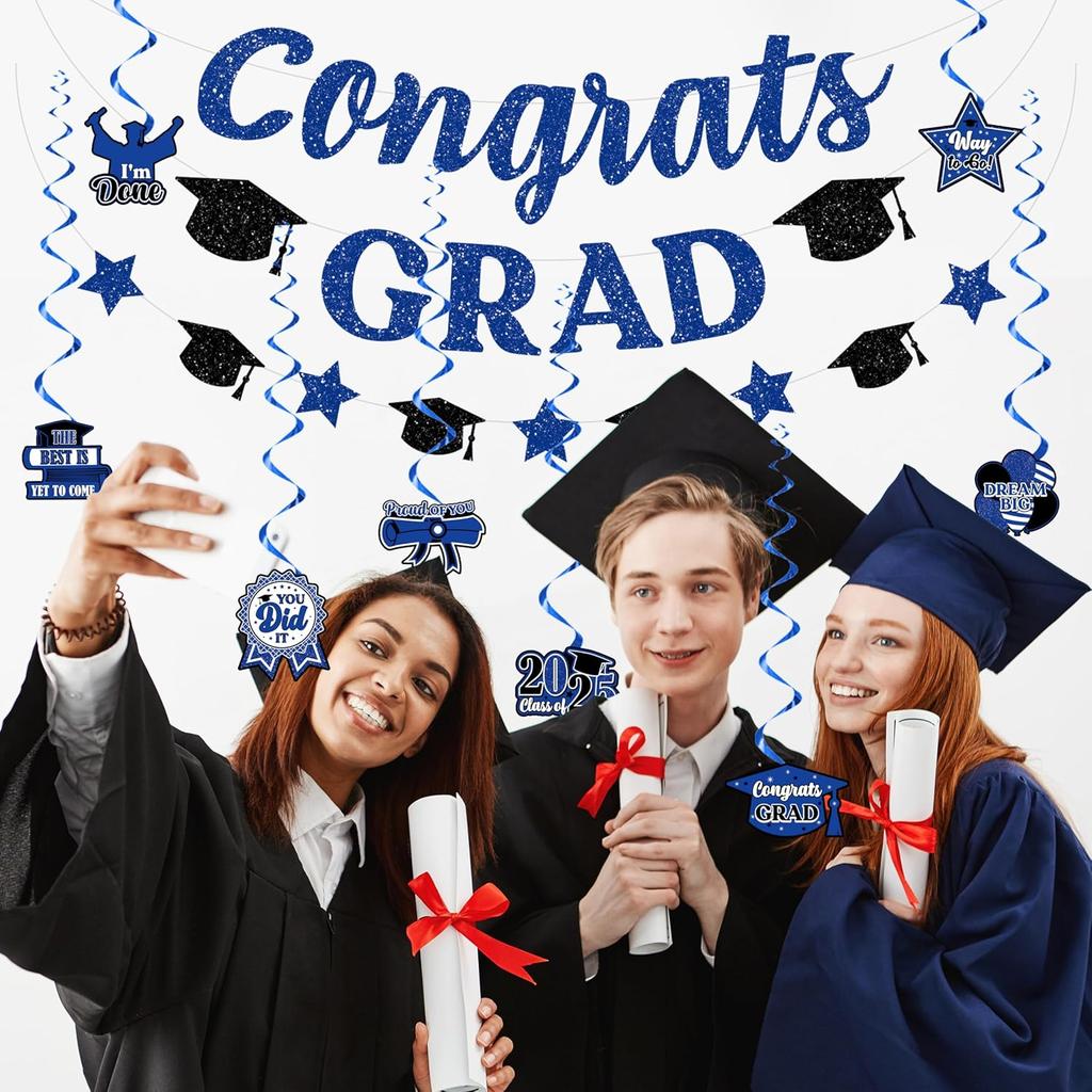 Black and Blue Graduation Party Decorations 2025 Congrats Grad Banner, NO-DIY Graduation Decorations Class of 2025 Congratulations Graduate Banner