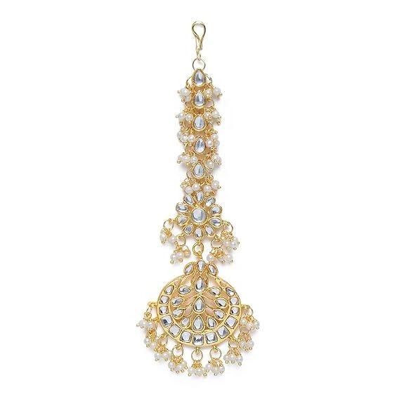 18K Gold Plated Traditional Pearl & Kundan Studded Maang Tikka for Women/Girls