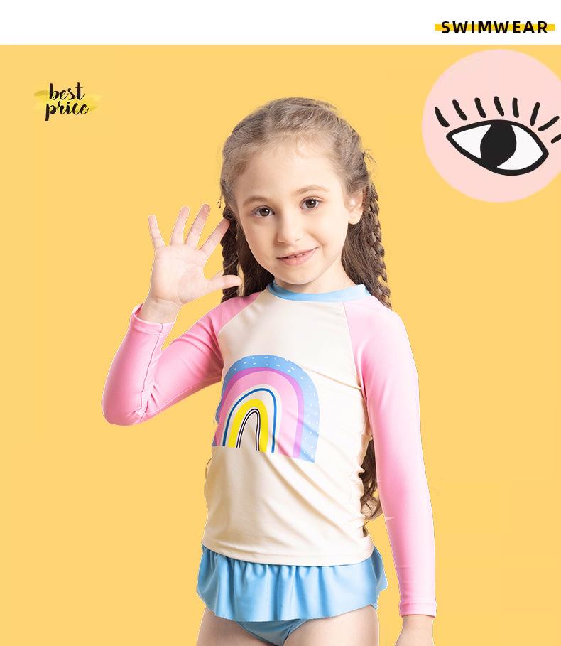 Set costum de baie cu mâneci lungi pentru fete cu curcubeu - Protecție solară, Vară 2025