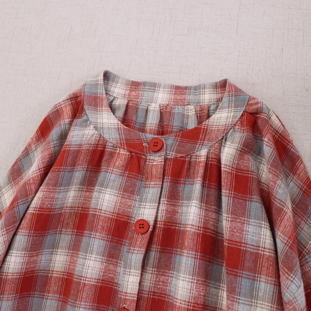2025 Autumn Plaid Round Neck Long Sleeve Mori Girl Dress - Loose and Versatile Cardigan Style