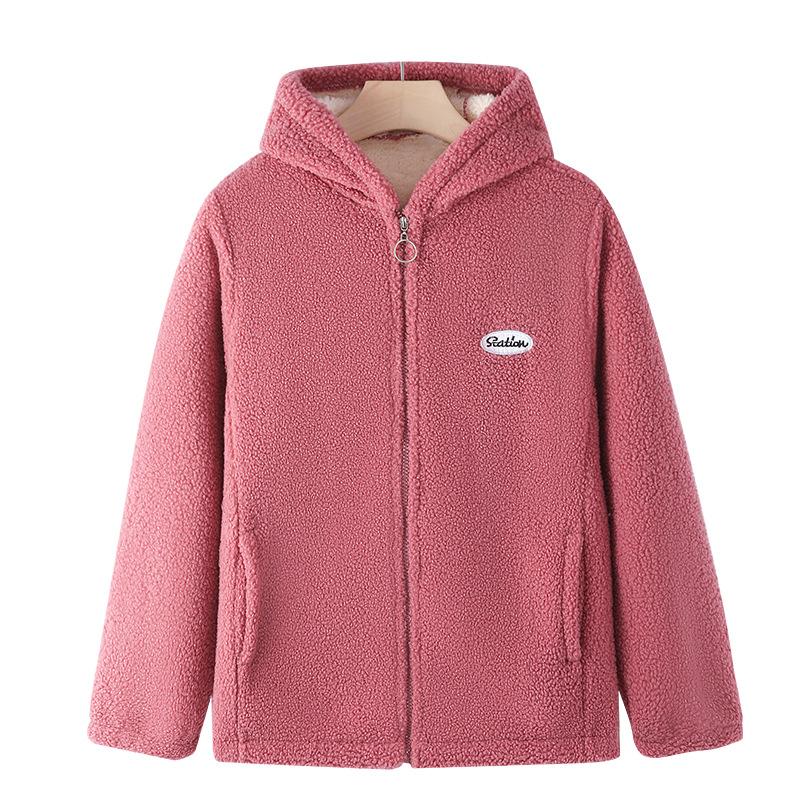 Jesienno-zimowa kurtka z kapturem z polaru granularnego, damska, luźna, plus polar, pogrubiona, w stylu zachodnim, odmładzająca, top z polaru jagnięcego, ciepły płaszcz bawełniany