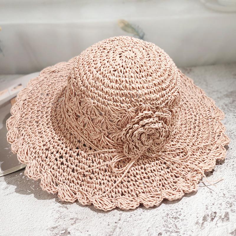 Cappello di Paglia Uncinetto Fatto a Mano Estivo da Donna con Ampia Tesa Cappello da Sole con Decorazione Floreale Pieghevole Protezione UV Cappello da Spiaggia