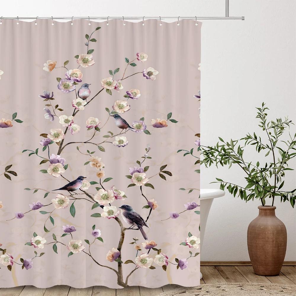 Floral Shower Curtain, Flowers and Birds Texture Fabric Waterproof Bathroom Curtains with Hooks Bathroom Decor Curtain