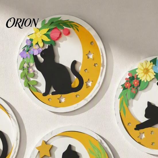 Boho Cat Wall Decorations 4Pcs Wooden Decor, 2D Flat Round Art with Flower Rustic for Home Moon Elements, Lightweight Decorative Hanging Signs Living
