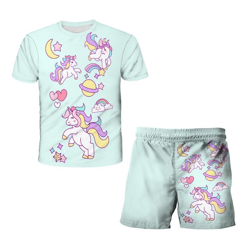 Unicorn Fashion Cute Girl Top T-shirt Short Sleeve+Shorts Two Piece Set Girls' and Children's Top Short Sleeve