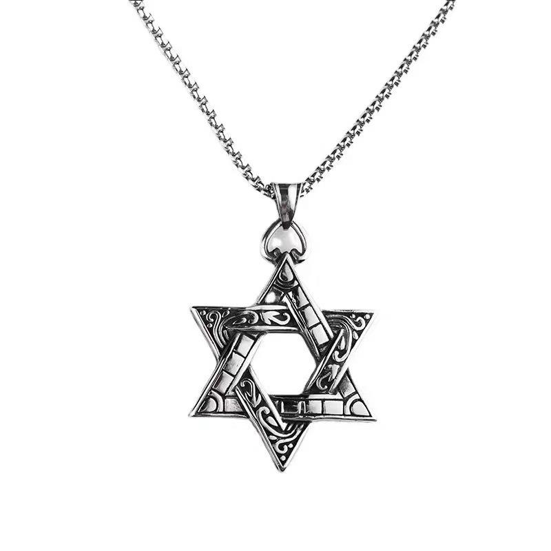 Double-sided hexagram pendant male necklace student couple pendant personalized titanium steel pendant sweater chain female