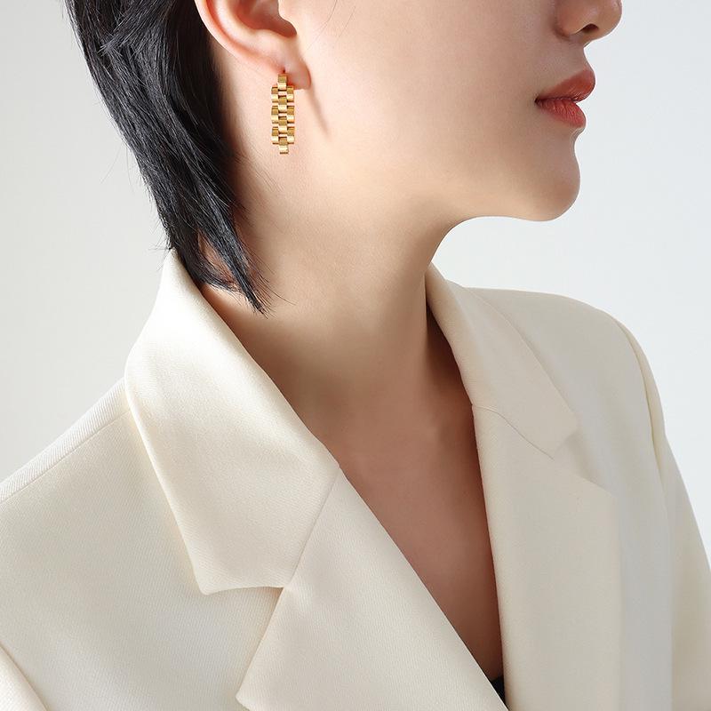 Gold-Plated Titanium Steel Niche Design Earrings with Cool Strap Style