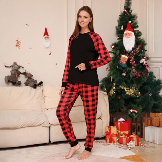 Set 2 Piese Pijamale Asortate Familie Top Mâneci Lungi Gât O Pantaloni Carouri Festiv Părinte-copil