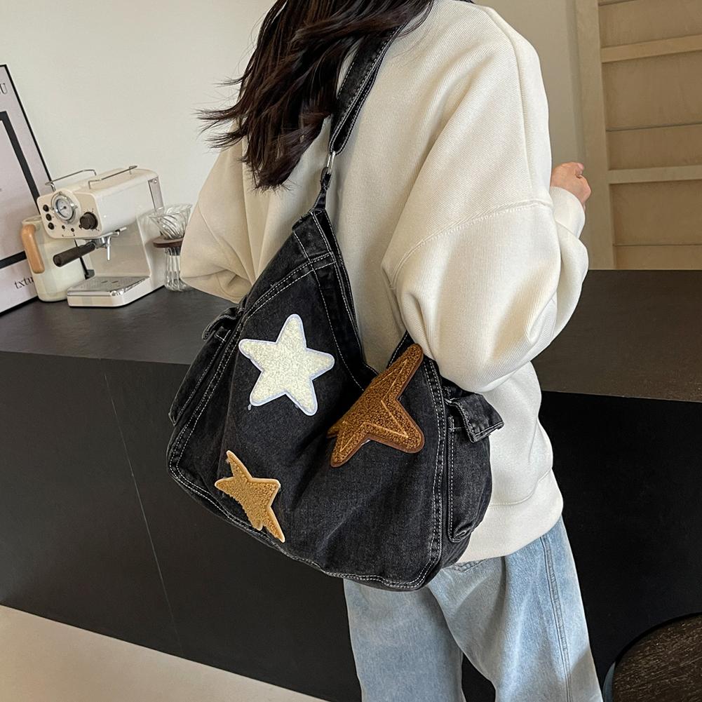 

Повседневная сумка-портфель со звездами, джинсовая сумка-мессенджер в стиле ретро для женщин, большая вместительная сумка через плечо с несколькими карманами, студенческая сумка на плечо, подмышки