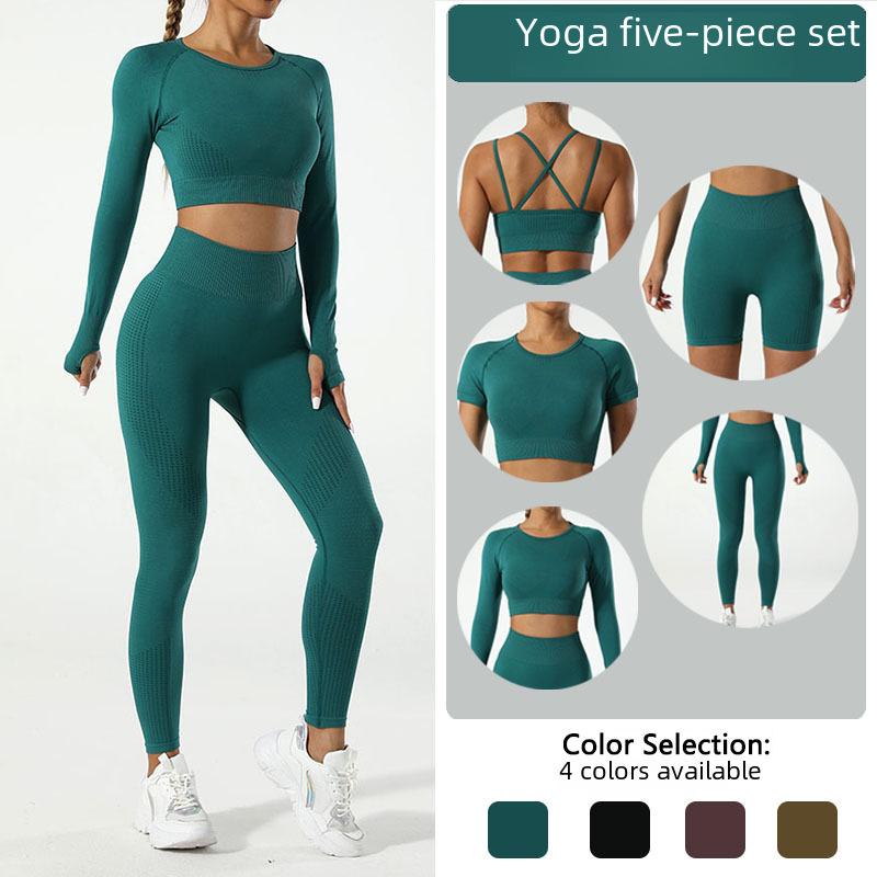 Fünfteiliges nahtloses Fitness-Set für Damen: Sport-BH, Yogahose, Yoga-Top, Laufanzug