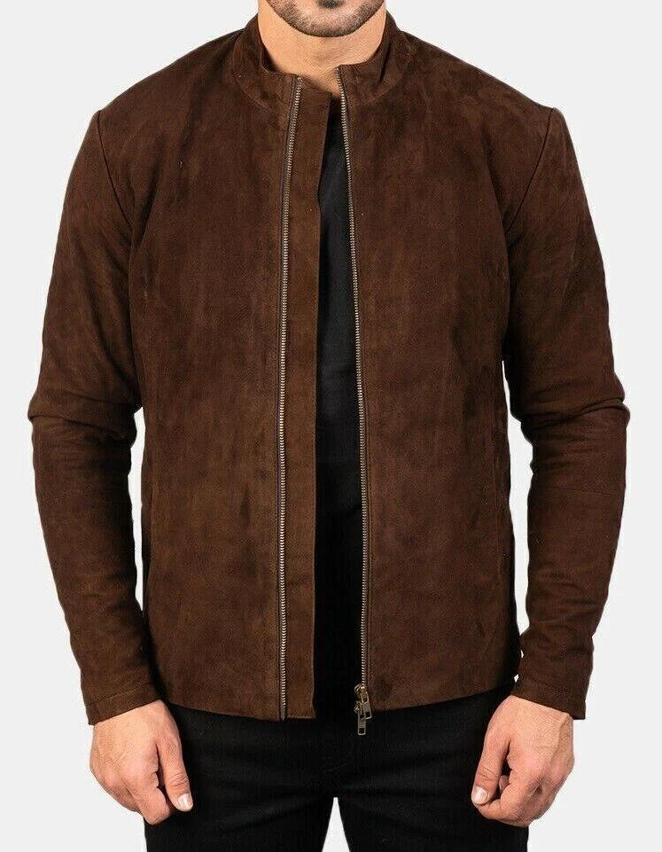 Motorcycle Genuine Lambskin Stylish Leather Brown Suede Zip Jacket Handmade Men's Biker