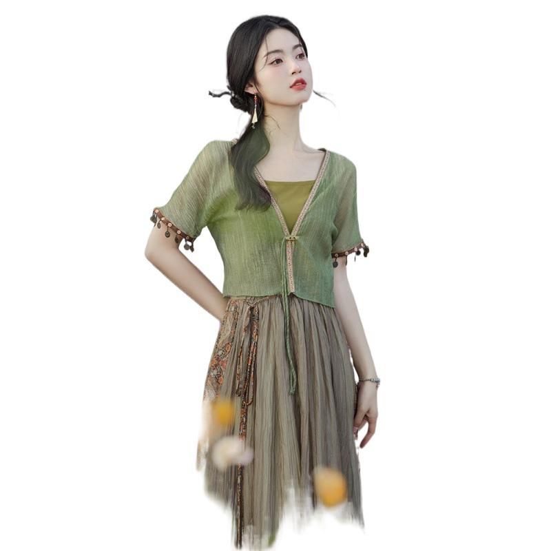 Chinesisches Sommer-Hanfu-Kleid für Damen: 3-teiliges Zen-Tee-Set