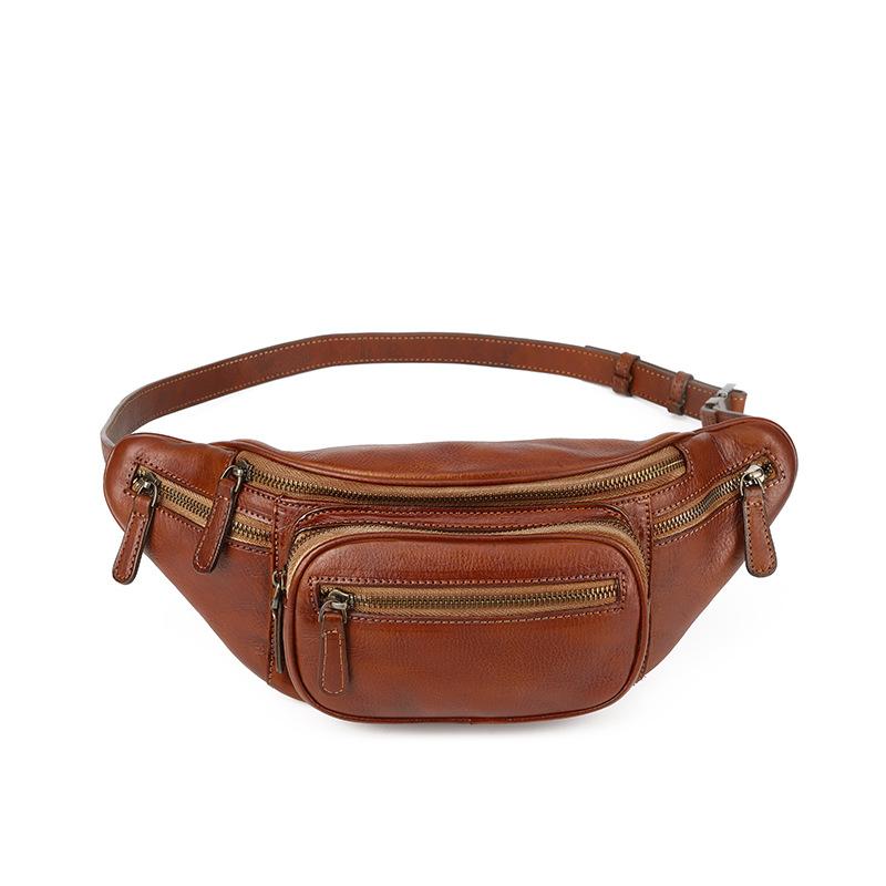 Men's Chest Bag, Crossbody Bag, Trendy Brand Waist Bag, Retro Top Layer Cowhide Motorcycle, Outdoor Motorcycle Riding, Small Size for Women