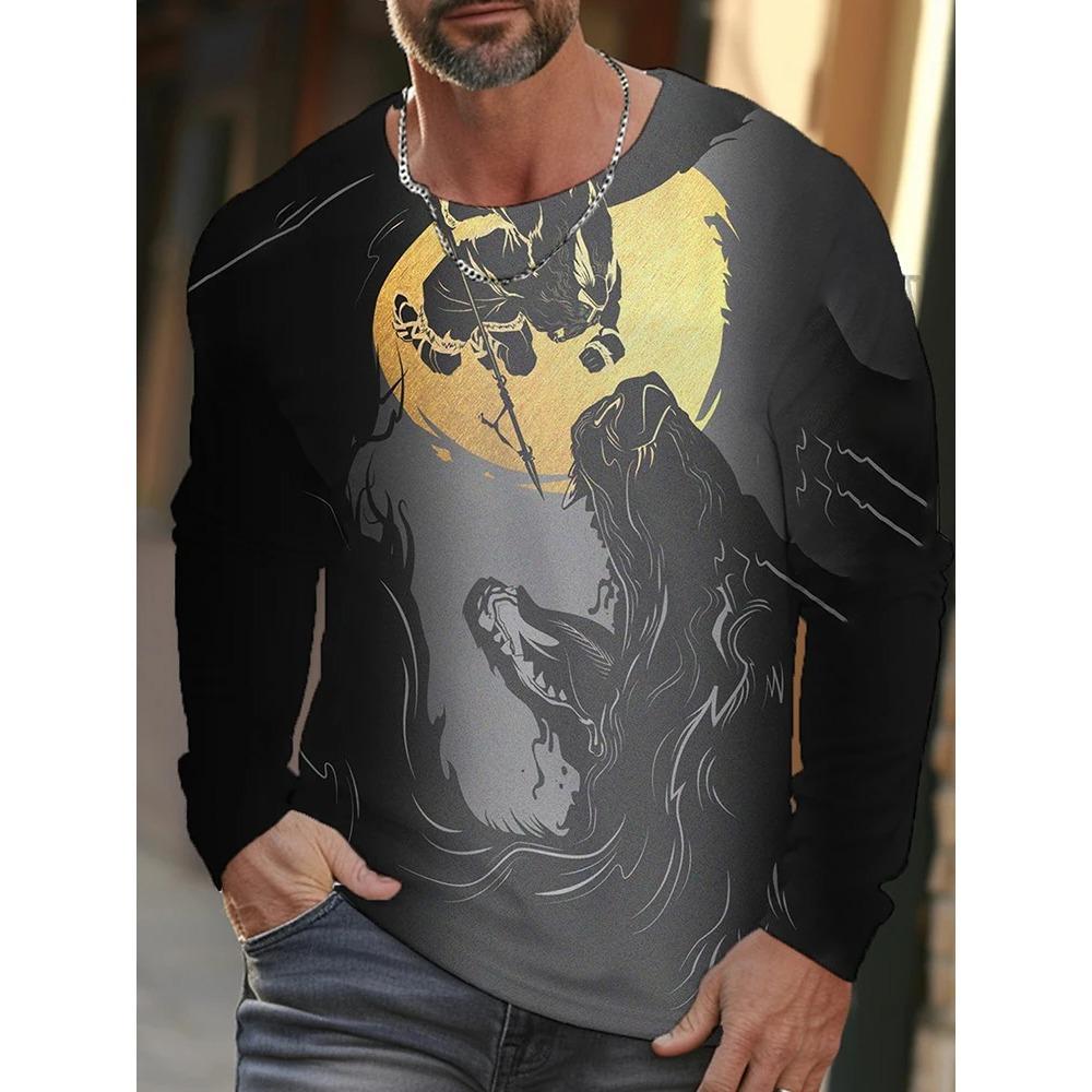 Spring and Autumn Round Neck 3D Animal Wolf Lion Pattern Printed Top Fashionable Casual Long Sleeved Men's T-shirts